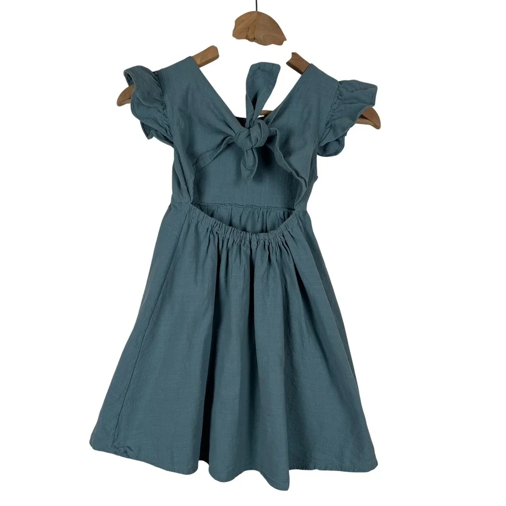 Girls Slate Blue Cotton Gauze Flutter Sleeve Open Back Tie Dress Size 110 5T